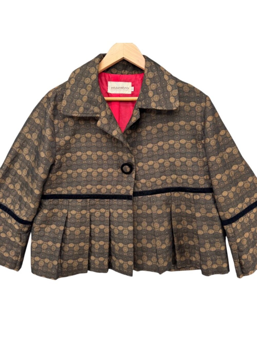 Maestro Jacquard Pleated Jacket Womens Brown Cropped Bell Sleeve Blazer Size L - Picture 3 of 10